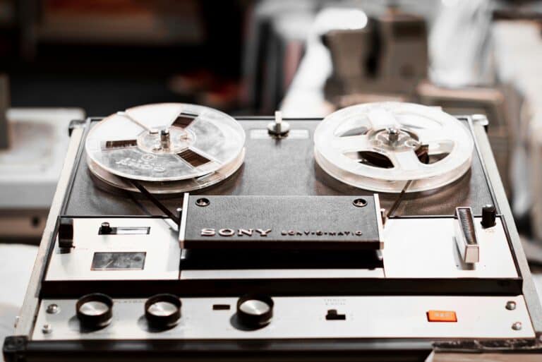 Black and grey sony reel tape player
